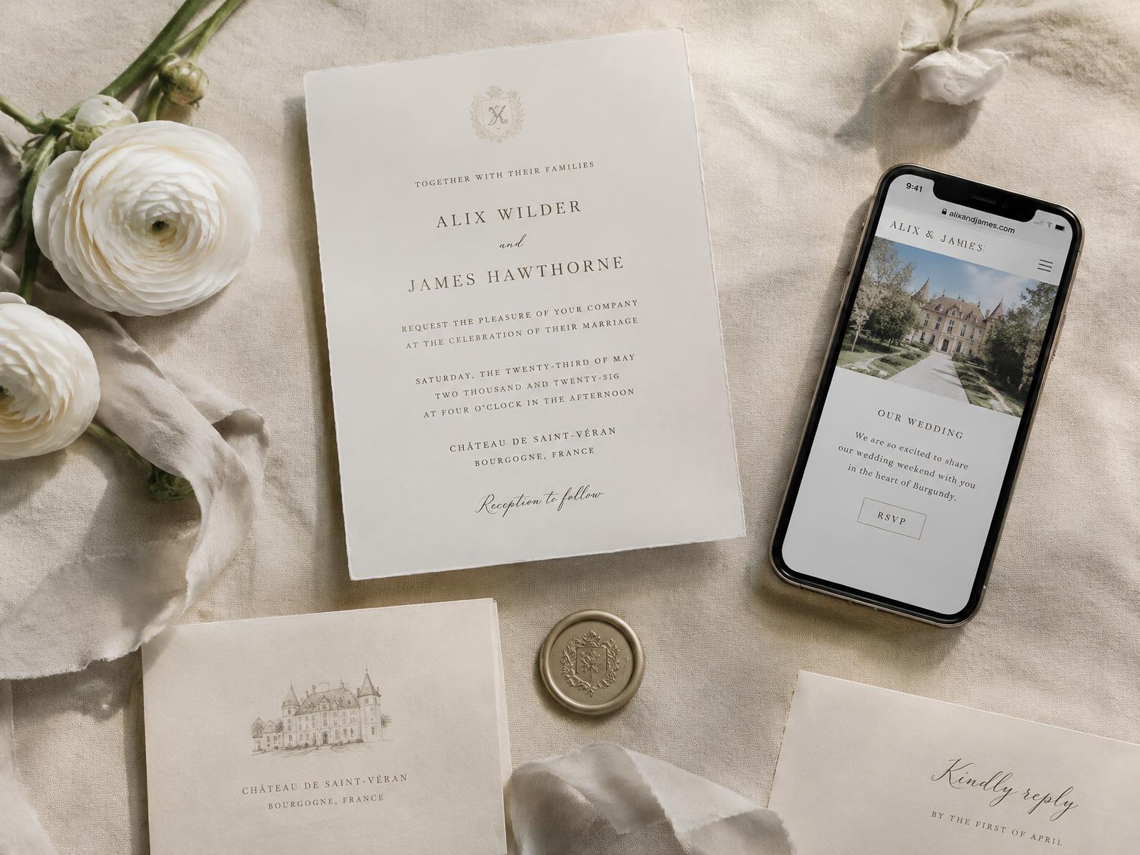 Wedding stationery suite beside a phone displaying a wedding website